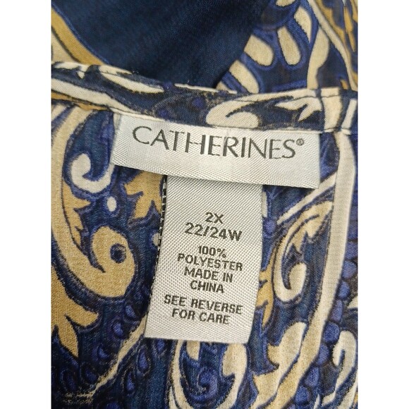 Catherines Blouse Pleated Crinkle 1/2 Sleeve Blue Gold Plus Sz 22/24W Beaded - Picture 6 of 7